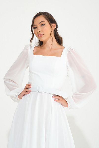 SpringStore Rochie de seara din sifon cu decolteu patrat alb