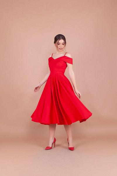 Bidoluelbise Women's Strappy Off-Shoulder Detail Pleated Midi Dress