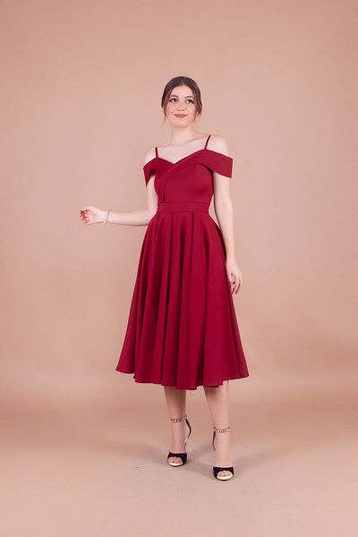 Bidoluelbise Women's Strappy Off-Shoulder Detail Pleated Midi Dress