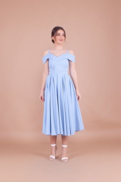 Bidoluelbise Kadın Askılı Düşük Omuz Detay Pileli Midi Boy Elbise