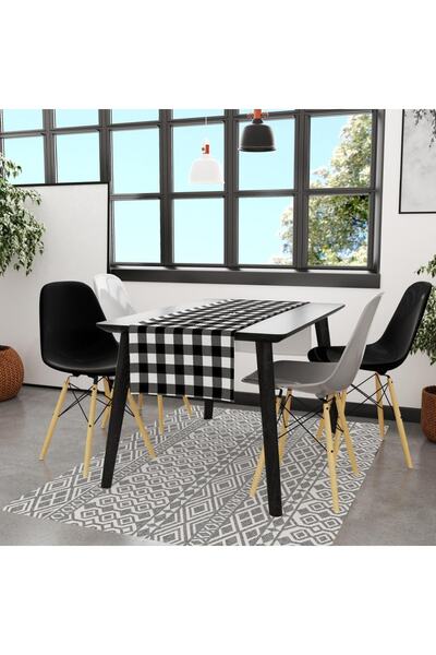 Adawall عداء مربع باللونين الأبيض والأسود مقاس 140 × 45 سم (كتان رقيق، شهادة ...