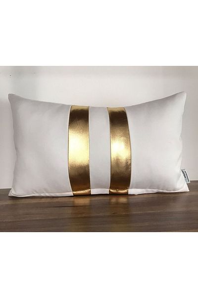 KIRLENTİM White Floor Two Thin Gold Leaf Tape Throw Pillow Cover in the Middle - 5030