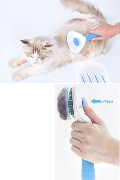KÜÇÜK EW Automatic Cleaning Buttoned Pet Brush Cat Dog Hair Collector Comb Blue