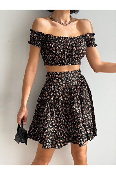 diaves Γυναικείο Σετ φούστα με λουλουδάτο μοτίβο με λεπτομέρεια μαύρο γιακά C...