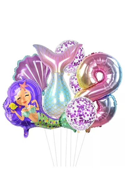 PARTİAVM Mermaid Tail Seashell 102cm Rainbow Number Balloon Sequin Mermaid Co...