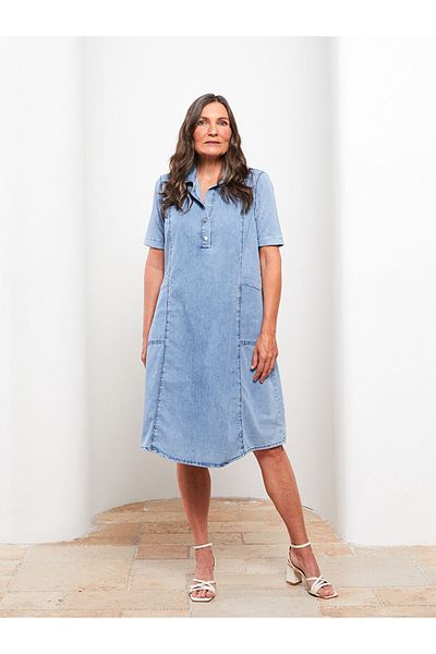 LC Waikiki Γυναικείο Jean Φόρεμα - Πουκάμισο γιακά, Μασίφ, Κοντό μανίκι