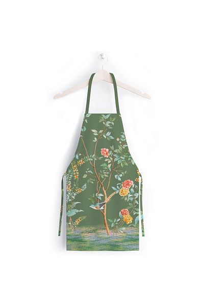 Adawall Green Flower Detailed Kitchen Apron (linen Fabric, International Washing and Fading Certificate)