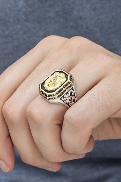 YÜZÜK SANATI Aslan Başı Motifli 925 Gümüş Erkek Yüzük