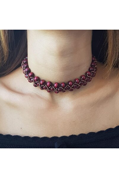 Handmade By HLY Handmade Wooden Bead Detailed Burgundy Choker Necklace