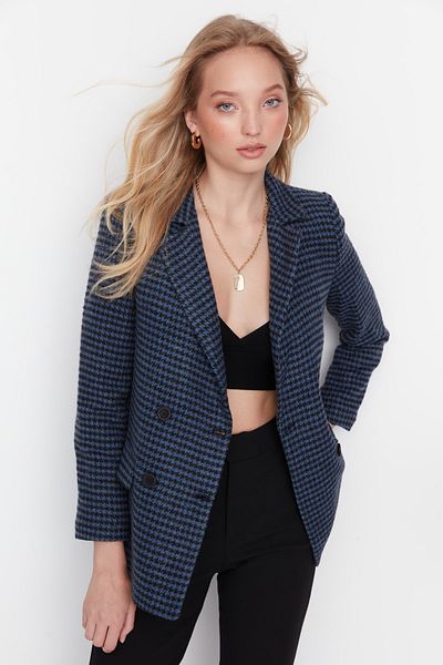 Trendyol Collection Blue Double Breasted Closure Woven Houndstooth Patterned Jacket TWOAW23CE00002