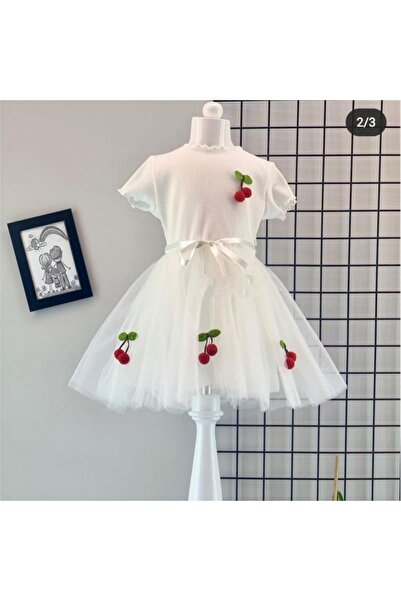 MISS SK missevimkaya Kız Çocuk Tütü Elbise Kirazlı Beyaz 3 Yaş Ps10338
