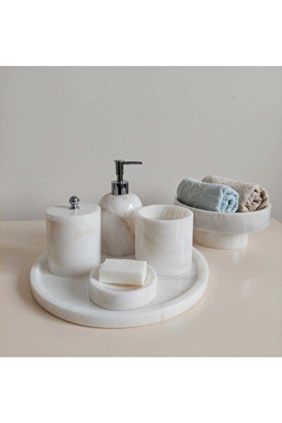 Sümeyra Marble Art Σετ μπάνιου από φυσικό λευκό μάρμαρο |   6 τεμ |   Μαρμάρινο μπολ με πετσέτα |