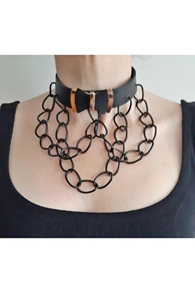 Hakiki Deri Zincirli Choker Kolye