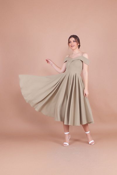 Bidoluelbise Women's Strappy Off-Shoulder Detail Pleated Midi Dress