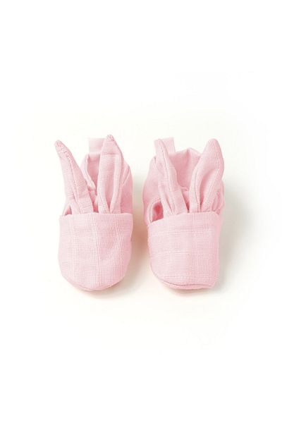 DEUX LAPINS 0-6 Months Baby Booties - 100% Cotton, Rabbit Ears, Muslin Plain Pink