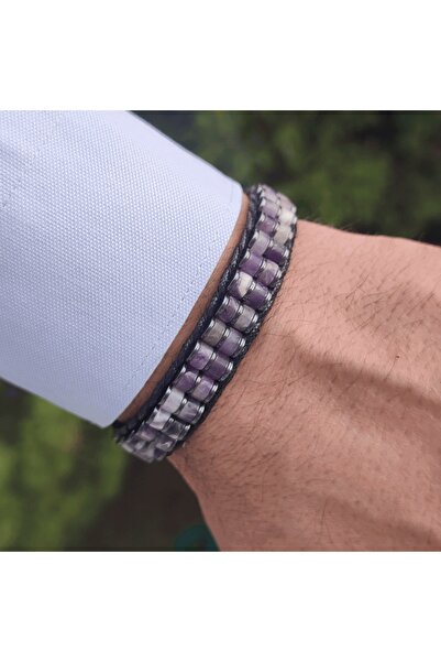 Ametist & Hematit Taşı Silindir Bileklik Unisex / Kadın / Erkek