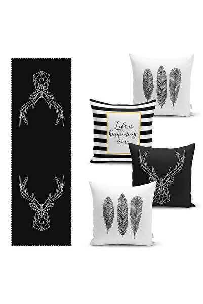 Realhomes Комплект от 4 калъфки за възглавници и 1 пътека Black Ground Deer &...