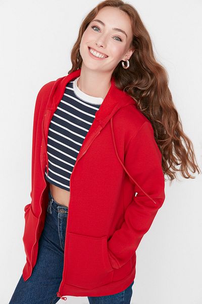 Trendyol Collection Rotes Oversize/Weite Passform Sweatshirt mit Reißverschluss und Kapuze aus dickem Fleece innen TWOAW21SW0840