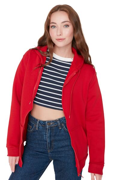 Trendyol Collection Piros túlméretes/széles szabású cipzáras kapucnis vastag polár belső pulóver TWOAW21SW0840