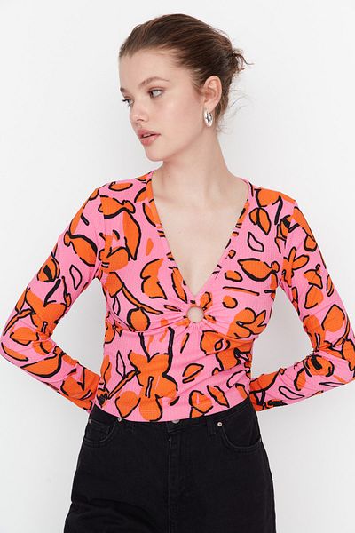 Trendyol Collection Ροζ Flare Sleeve Λεπτομερής Crop Πλεκτή Μπλούζα TWOAW23BZ00157