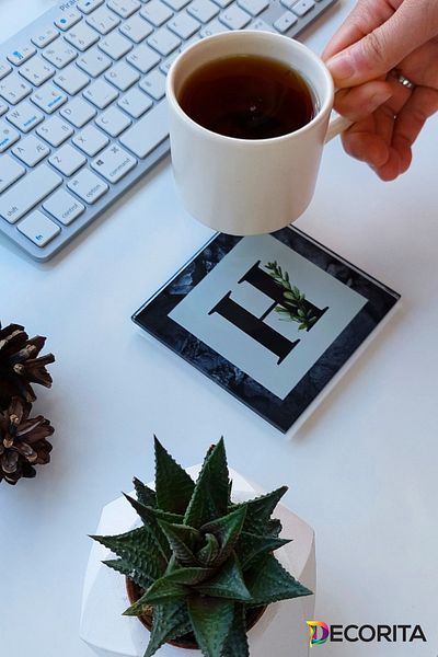 Decorita Glass Coaster| Letter Design| Set of 4| H| 10cm X 10cm