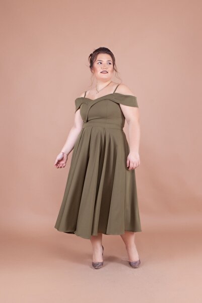 Bidoluelbise Women's Plus Size Strappy Off-Shoulder Detail Pleated Midi Dress