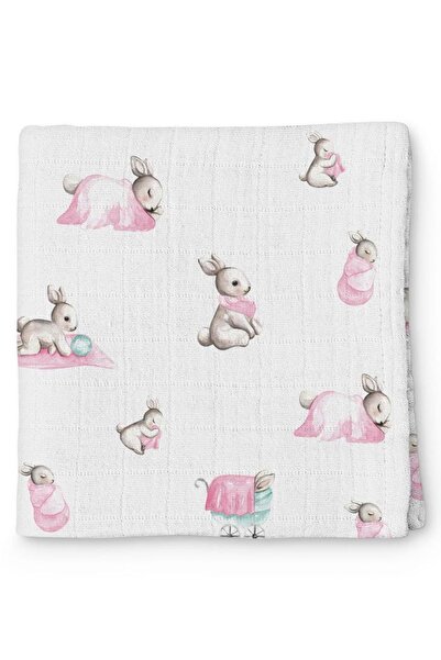 DEUX LAPINS 100X100 cm Baby Muslin Blanket - Lapin Rose Pattern