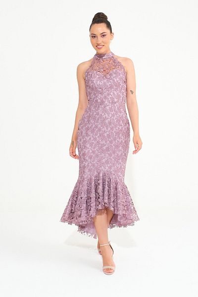 SpringStore Rochie de seară cu dantelă cu guler cu halter trandafir