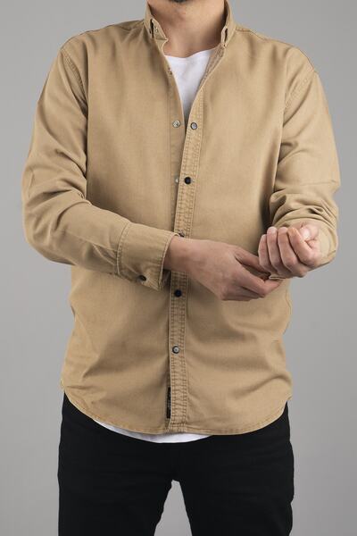 bombe Ανδρικό τζιν πουκάμισο χωρίς τσέπες εφαρμοστό Μπεζ