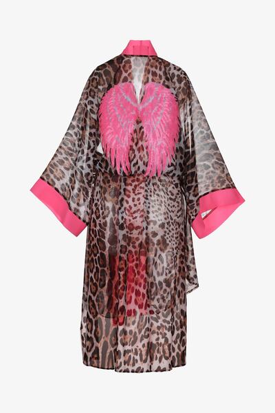 Gaintart Leopar Şifon, Neon Pembe Biye Ve Kuşak, Arkası Neon Pembe Melek Kana...