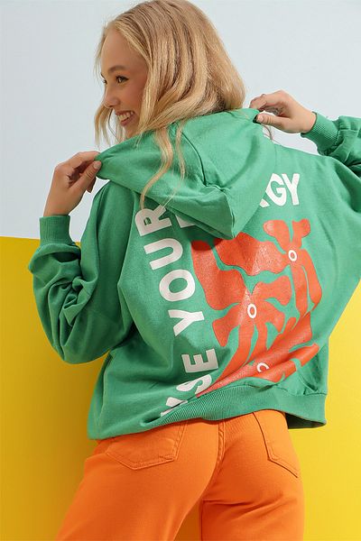 Trend Alaçatı Stili Sweatshirt - Grün - Oversized