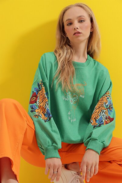 Trend Alaçatı Stili Sweatshirt - Grün - Regular Fit
