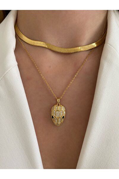 Pinery Jewels Büyük Taşlı Yılan Çelik Kararmaz Gold Kolye