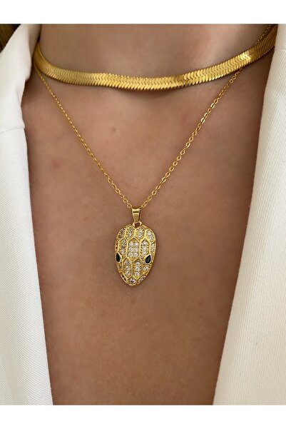Pinery Jewels Büyük Taşlı Yılan Çelik Kararmaz Gold Kolye