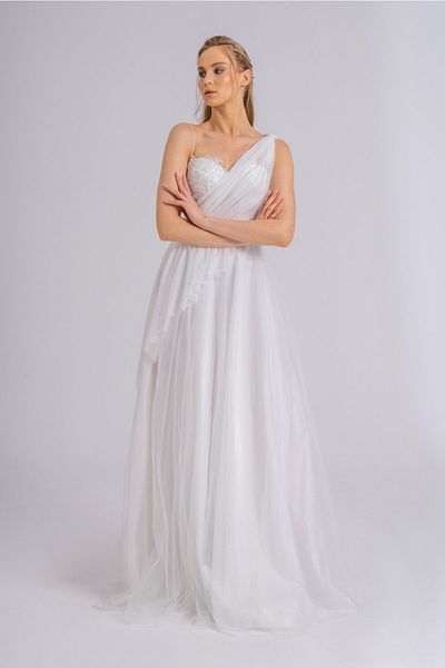 Lenta Moda Glittery White Color Evening Dress and Evening Dress with Drape Detail