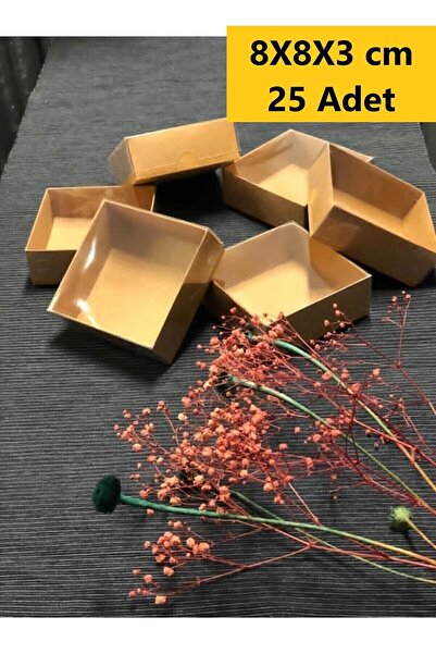 Genel Markalar 8x8x3 Cm 25 Adet Asetat Kapaklı Kraft Kutu Düğün Nişan Kına He...