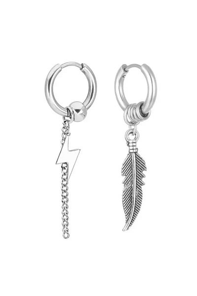 Jaida Moda Unisex Silver K-pop Lightning And Feather Dangle Steel Hoop Earrings