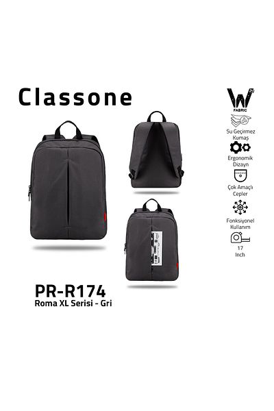Classone حقيبة ظهر للكمبيوتر المحمول Pr-r174 من القماش المقاوم للماء مقاس 17 بوصة، باللون الرمادي