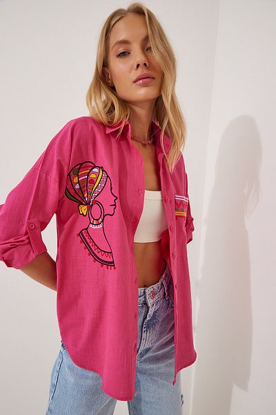 Happiness İstanbul Cămașă oversize din in, roz, cu broderie, DE00004