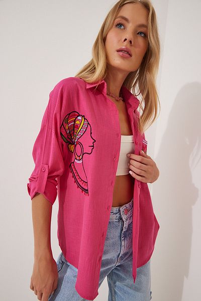 Happiness İstanbul Cămașă oversize din in, roz, cu broderie, DE00004