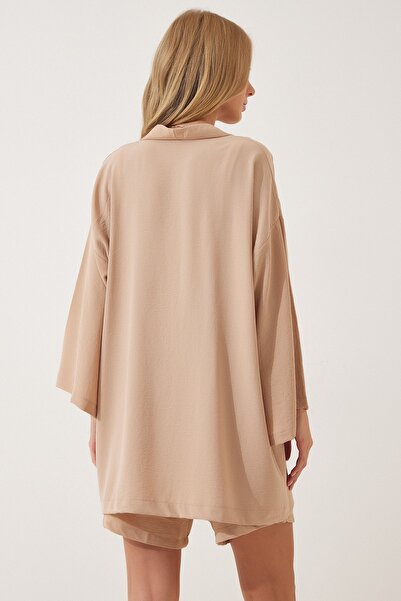 Happiness İstanbul Women's Cream Flowing Ayrobin Kimono Shorts Set DZ00053