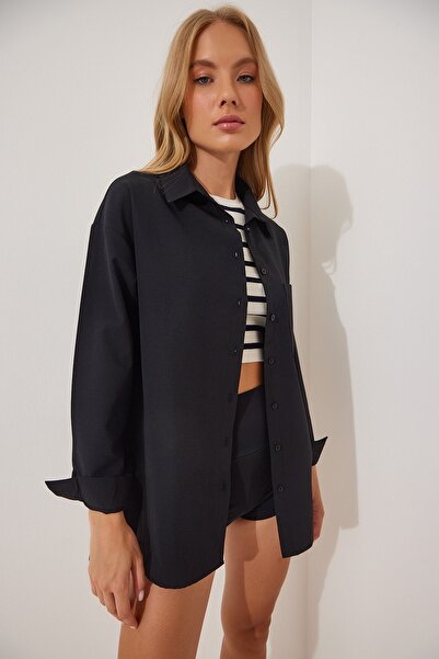 Happiness İstanbul Női fekete hátsó gombos oversize poplin ing DD01103