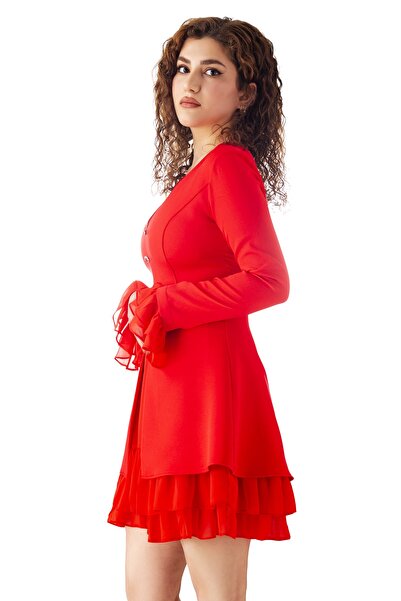 DEFİLE LUX Şifon Detaylı Fırfırlı Elbise Nar Çiçeği - Vesna Serisi