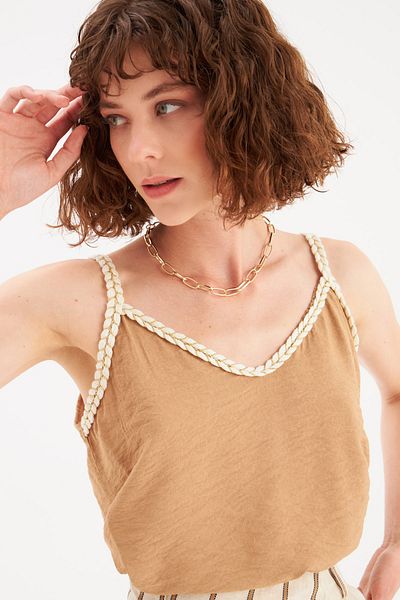 Sateen Beige Linen Loose Strap Blouse