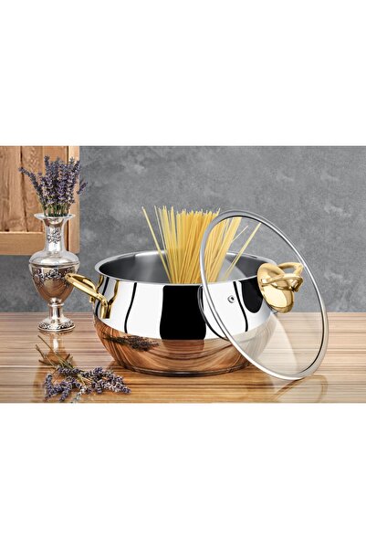 Lines Zeycan 28 Cm Deep Globe Steel Pot Gold Metal Handle - 2 Pieces - Glass Lid