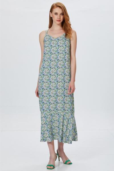 İKİLER Arkası Çapraz Askılı Eteği Volanlı Uzun Elbise 022-4046