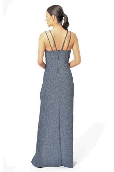 dükkan10butika Kadın Yırtmaçlı Simli Fakuro Kumaş Uzun Yırtmaçlı Abiye Mezuniyet Elbisesi Gümüş