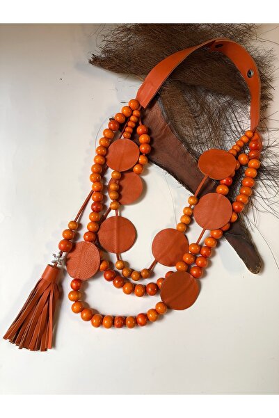 AGG TASARIM Turuncu Boncuklu Deri Kolye