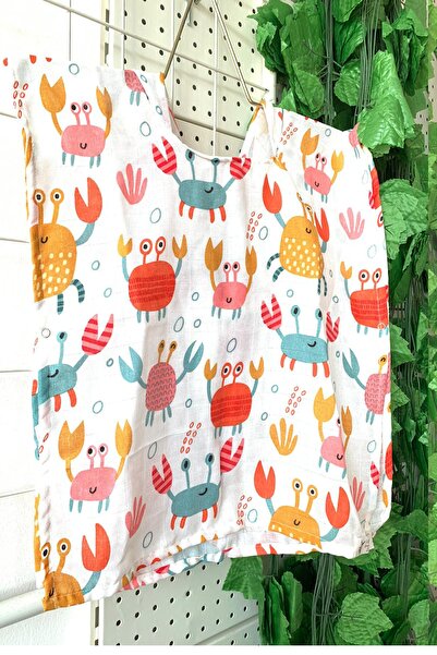 BEBA Organik Müslin Sevimli Yengeç Desenli Kapuşonlu Deniz Panço Unisex