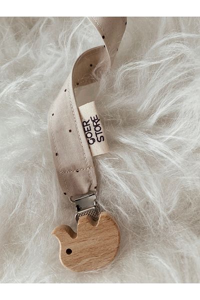 GOER STORE Natural Wooden Elephant Detailed Cappuccino Polka Dot 100% Cotton Fabric Baby Pacifier Strap